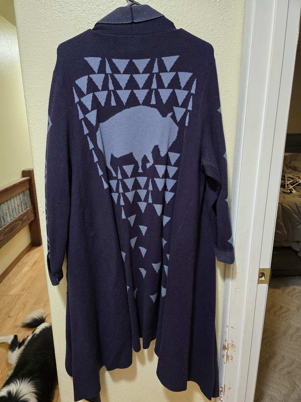 Navy Blue Long Open-Front Women's Sweater Cardigan with Geometric Buffalo Motif